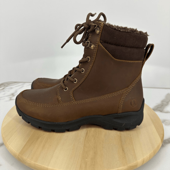 Lands End Mens 8.5D Leather All Weather Boots Brown Insulated Fleece Outdoor